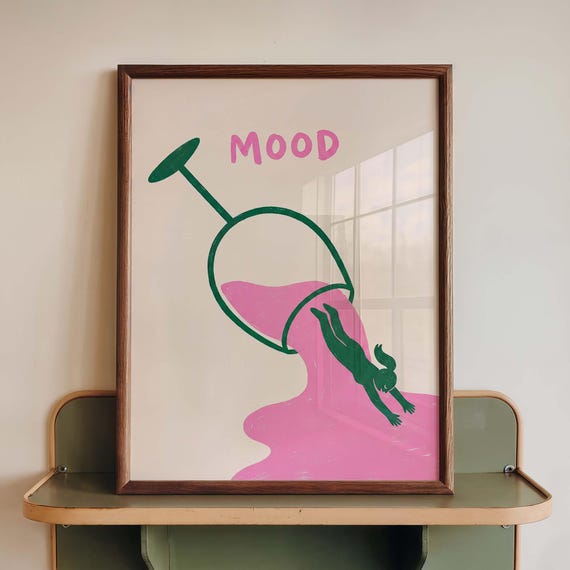 Funny Wine Mood Poster Print Pink Cocktail Wall Art Quirky Home Bar Decor Minimalist Kitchen Dining Room Gift