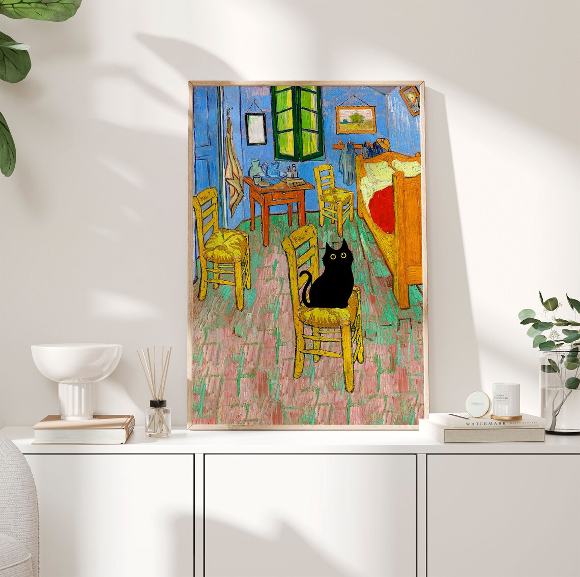 Van Gogh Bedroom Black Cat Sitting On Chair Funny Animal Poster - Image 3