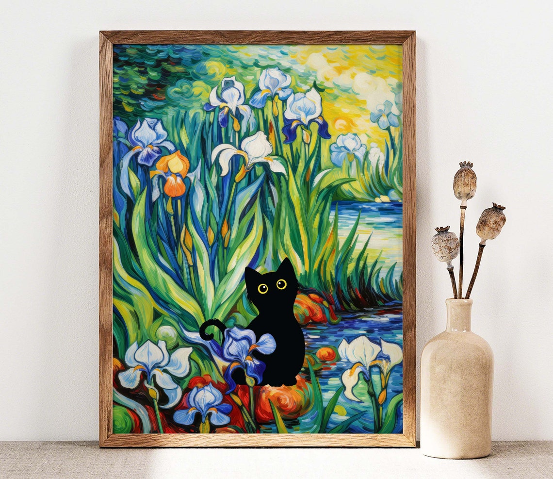 Black Cat and Irises Floral Art Print