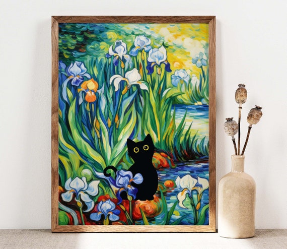 Black Cat and Irises Floral Art Print