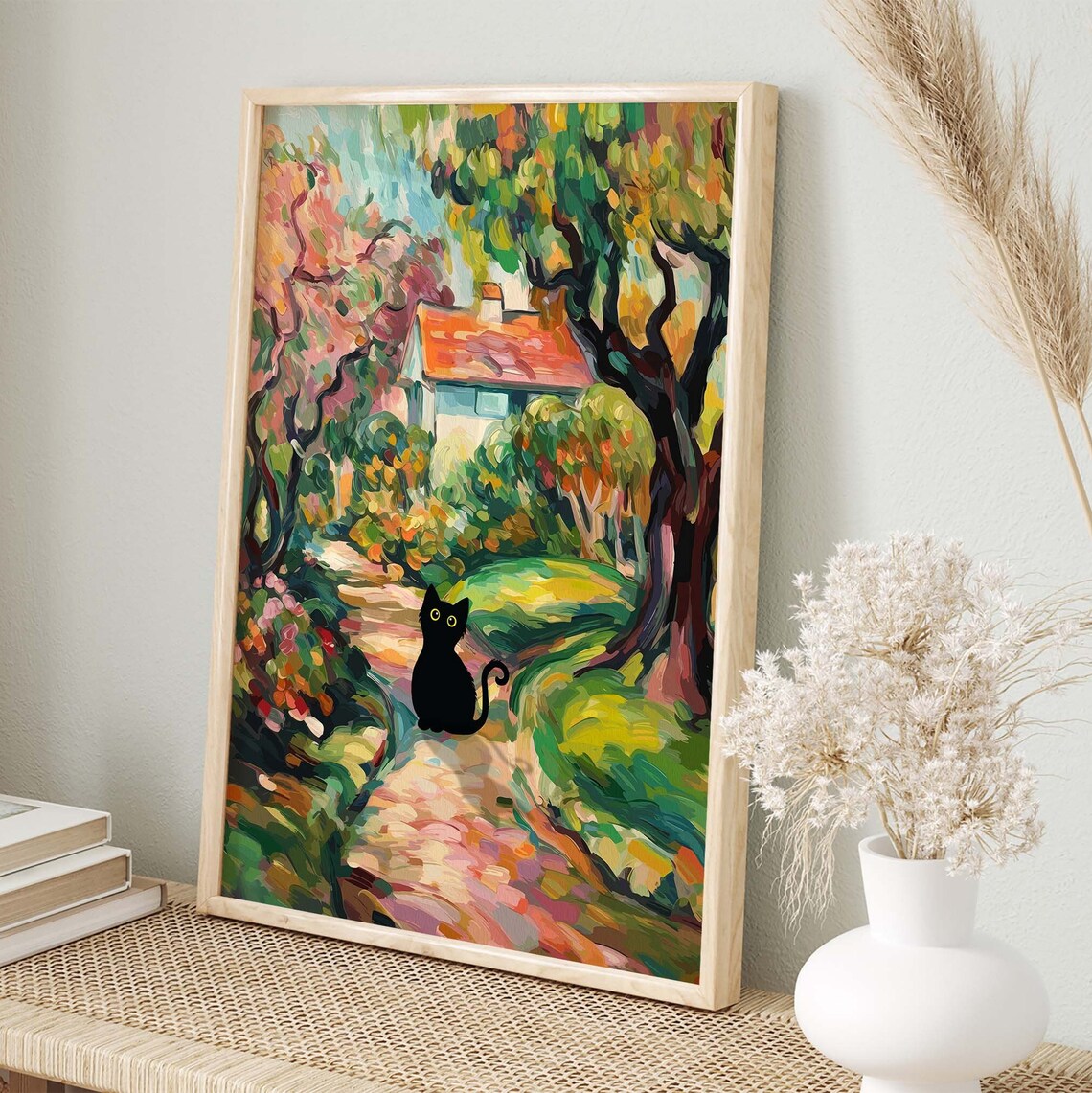 Black Cat Sitting On A Cottage Garden Path Impressionist Painting Poster - Image 2