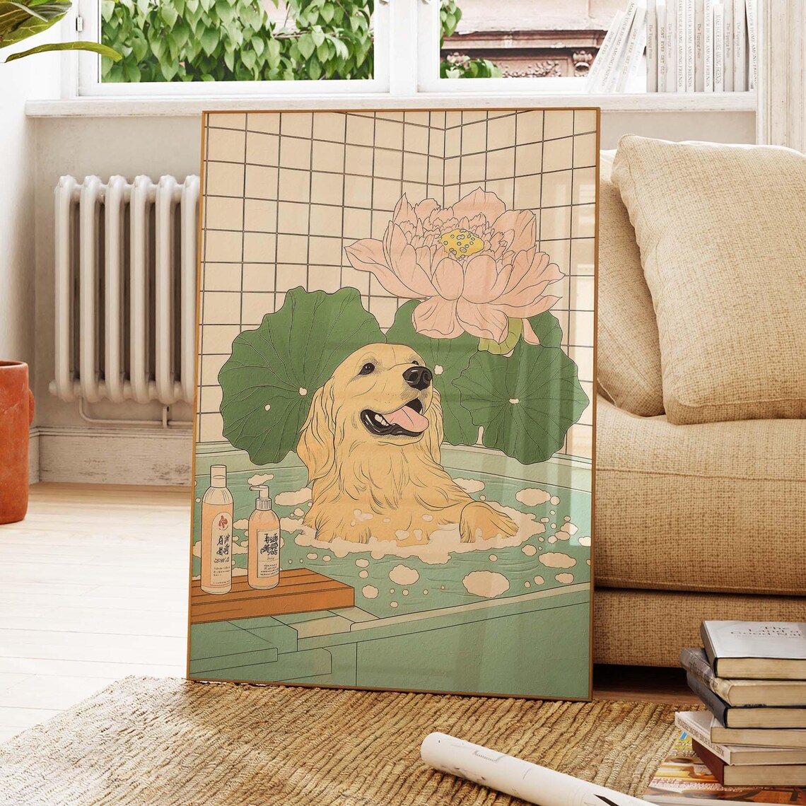 Golden Retriever Enjoying Japanese Onsen Bath With Lotus Bloom Poster - Image 4