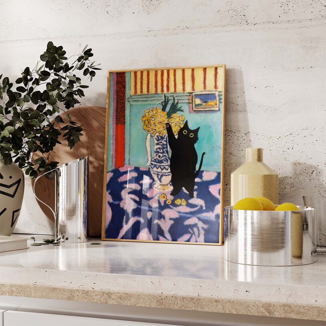 Black Cat Silhouette with Flower Vase in Matisse Style Room Poster - Image 2