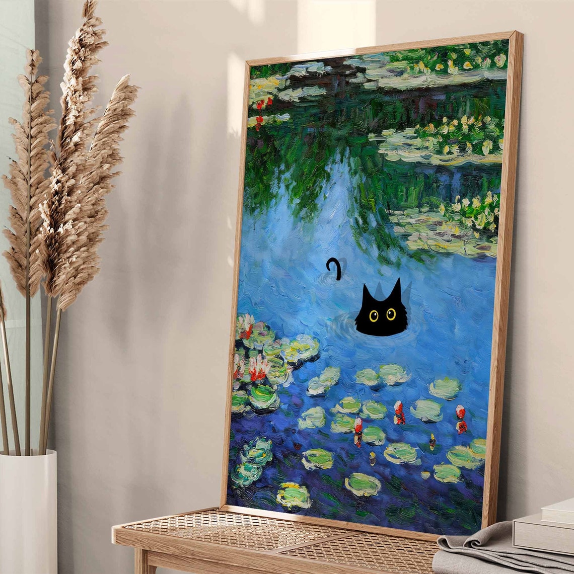 Black Cat Swimming in Monet Water Lily Pond Funny Art Poster - Image 4