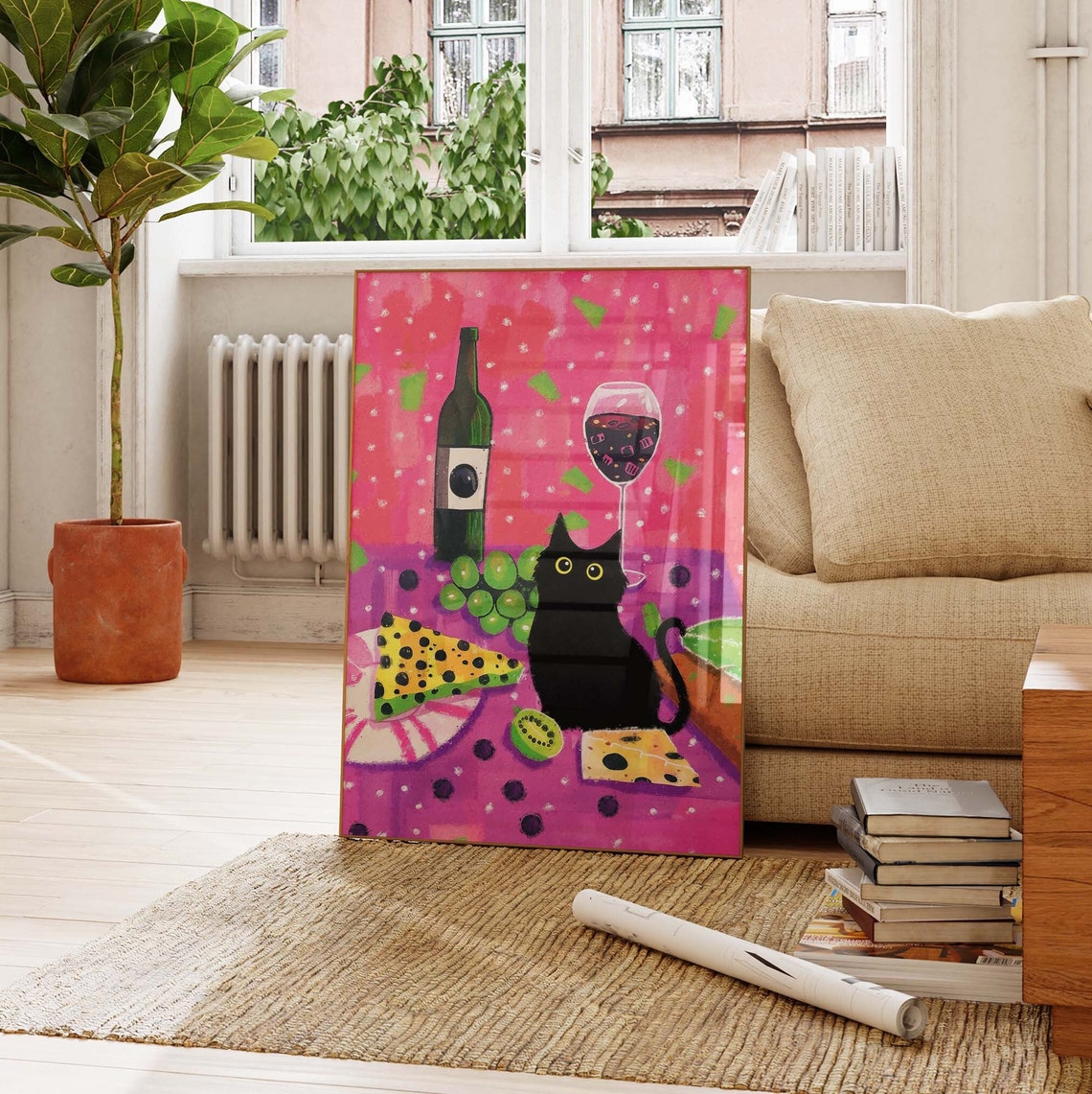 Black Cat With Wine Bottle And Cheese On A Vibrant Pink Poster - Image 3