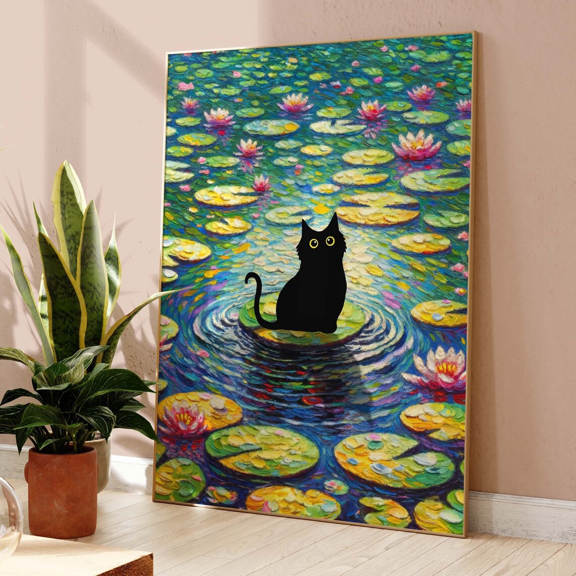 Black Cat on Lily Pad in a Vibrant Water Lily Pond Art Poster - Image 4