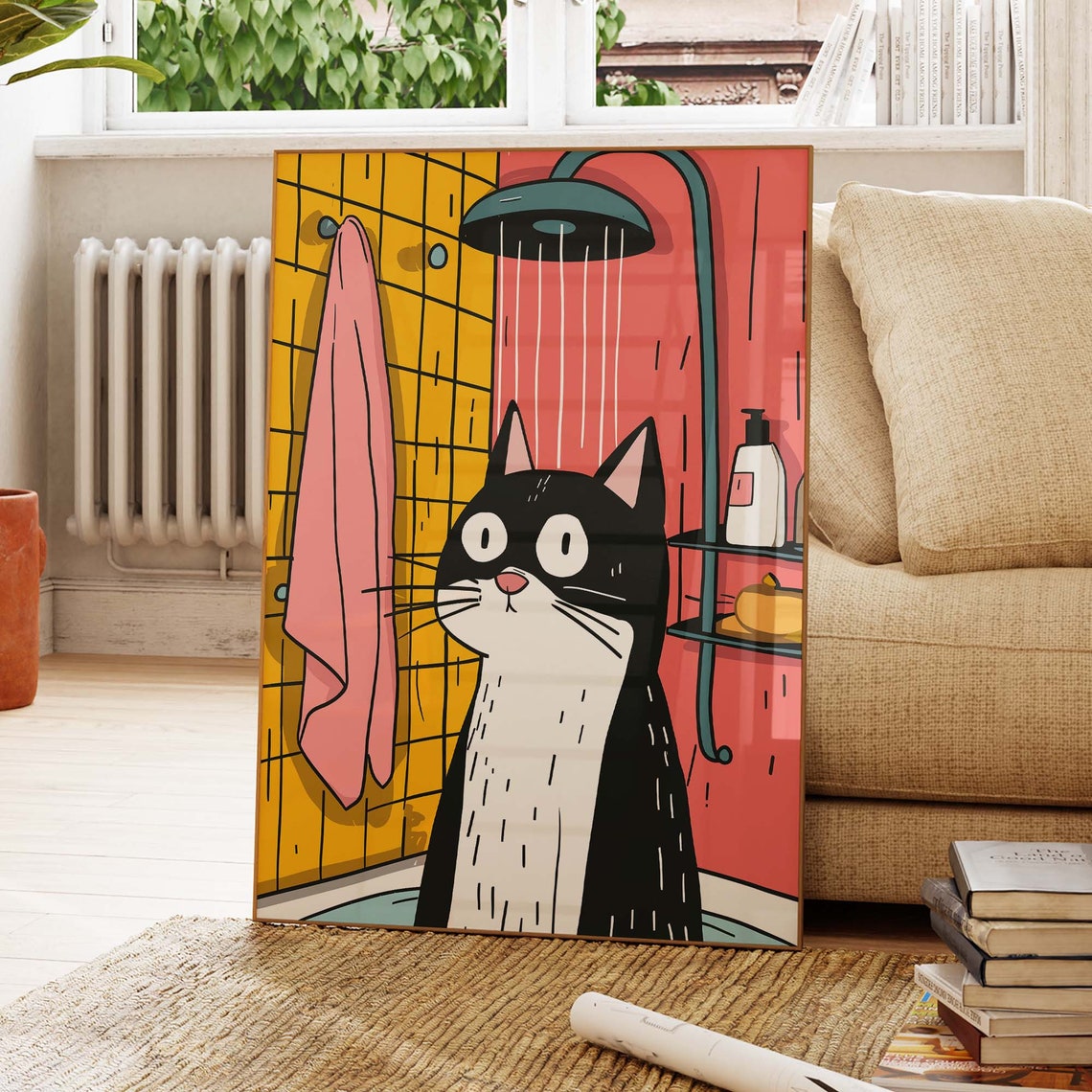 Cartoon Cat Taking A Shower In A Retro Pink Bathroom Funny Poster