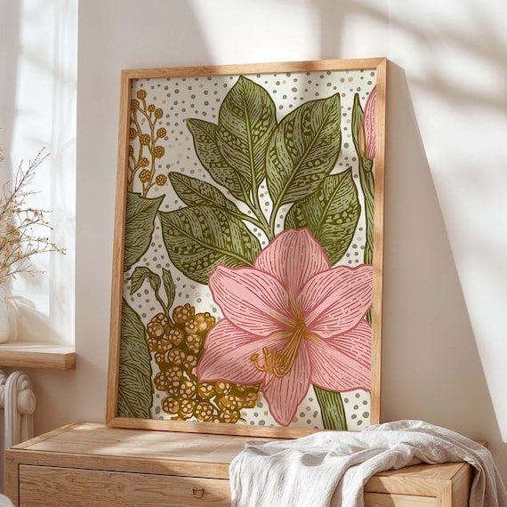 Pink Floral Bloom Olive Green Leaves Dotted Vintage Botanical Art Poster