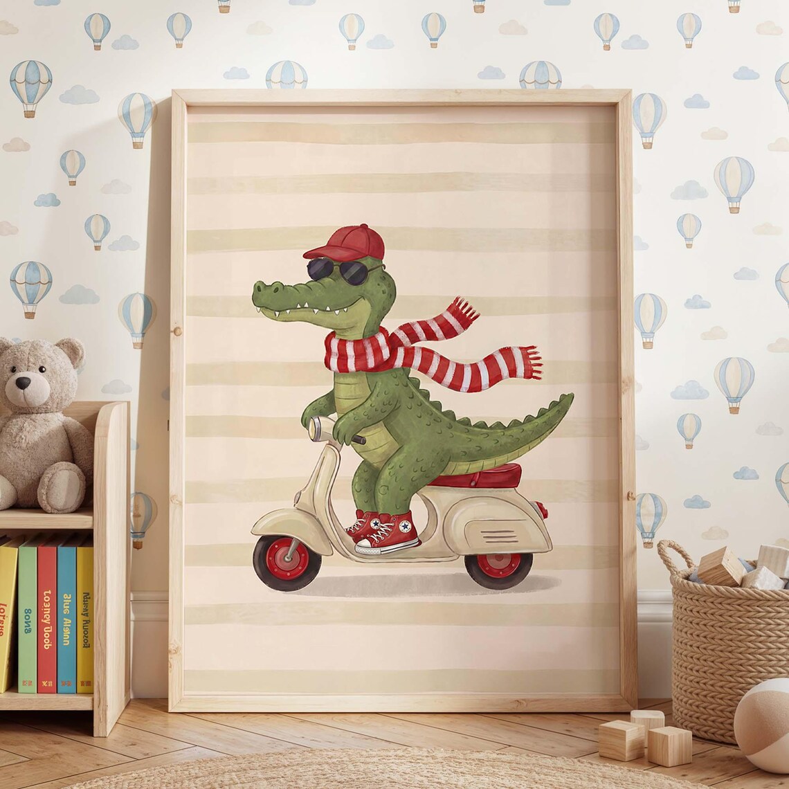 Nursery Crocodile Scooter, Whimsical Kids Room Art Print