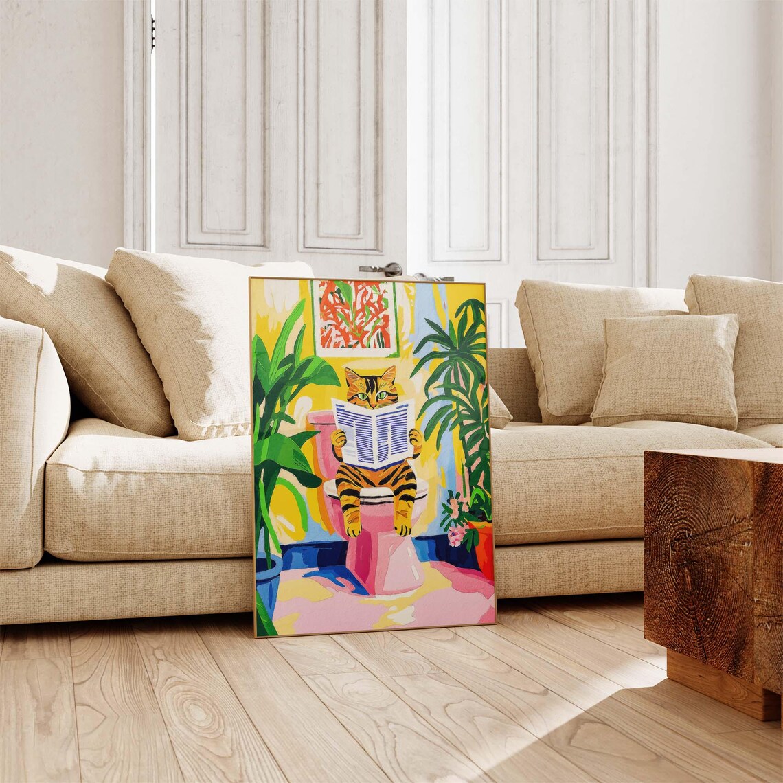 Tabby Cat Reading Newspaper on Pink Toilet Tropical Humor Poster - Image 4