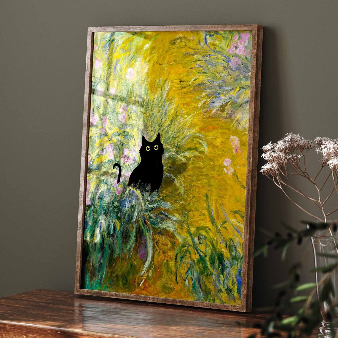 Black Cat Silhouette In A Yellow Impressionist Iris Garden Poster - Image 2