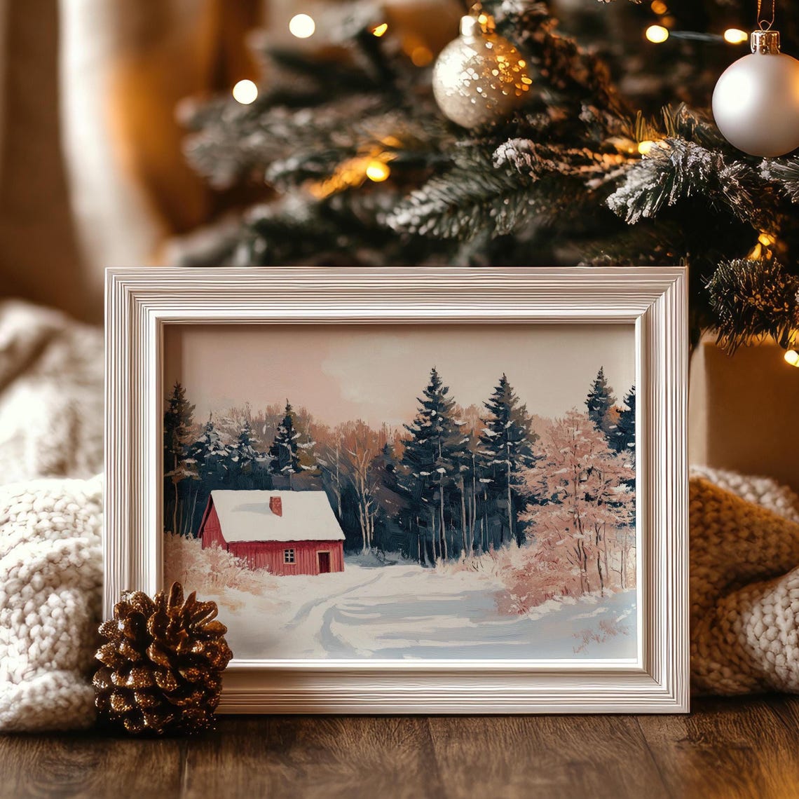 Red Cabin In Snowy Pine Forest Winter Landscape Wall Art Poster