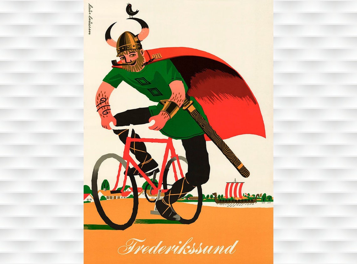 Frederikssund Viking Bicycle Red Bike Vintage Danish Travel Poster