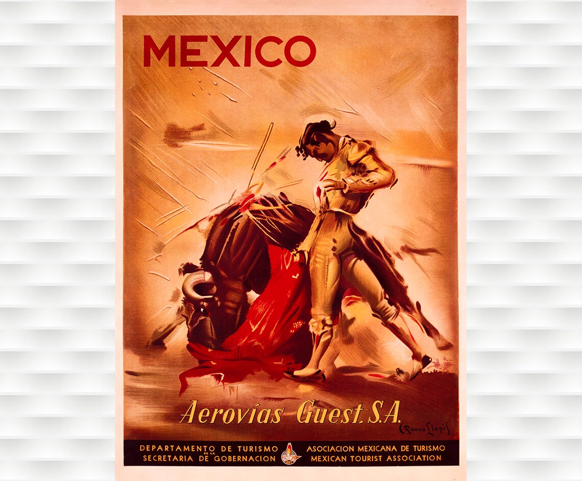 Mexico Aerovias Guest Matador Bullfight Vintage Travel Poster