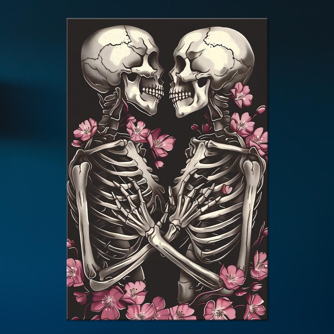 Skeleton Couple Embracing Pink Flowers Romantic Gothic Love Wall Art Print