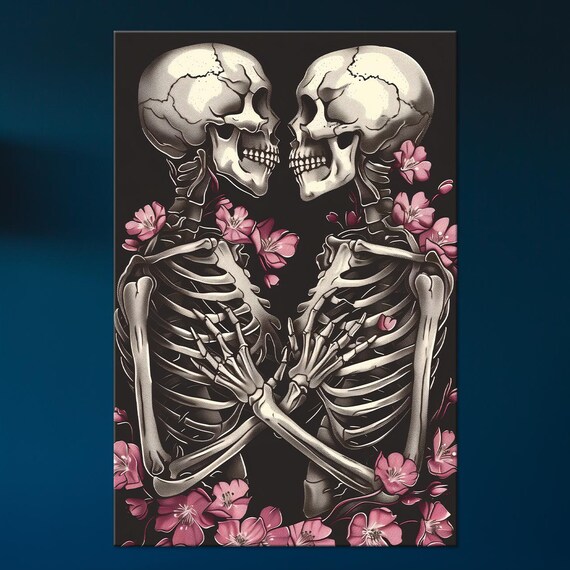 Skeleton Couple Embracing Pink Flowers Romantic Gothic Love Wall Art Print