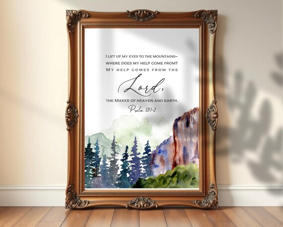 Psalm 121 I Lift Up My Eyes Watercolor Mountain Christian Wall Art