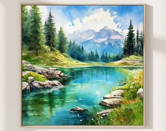Mountain River Watercolor Print Panoramic Landscape Nature Art