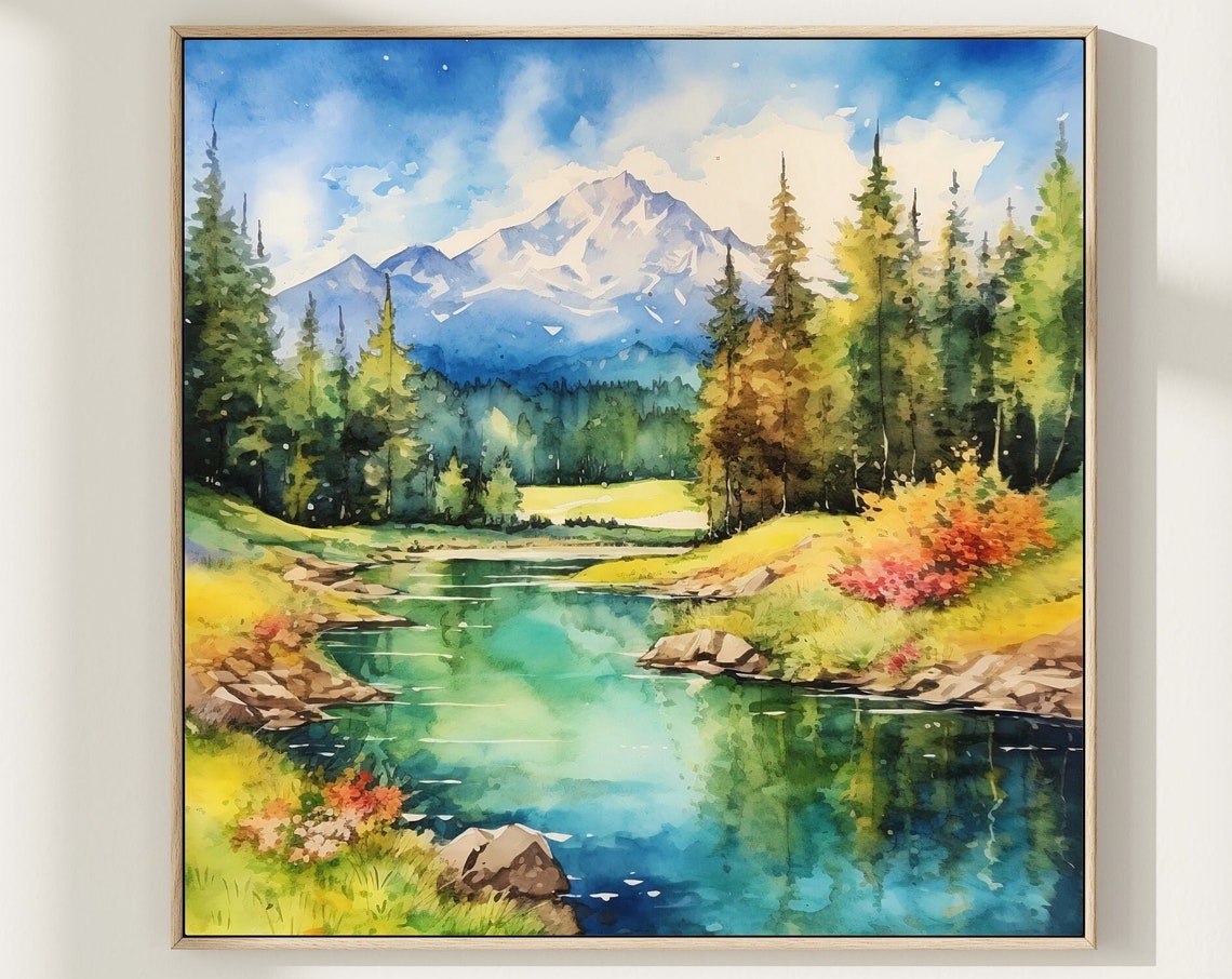 Mountain River Watercolor Print Panoramic Landscape Wall Art