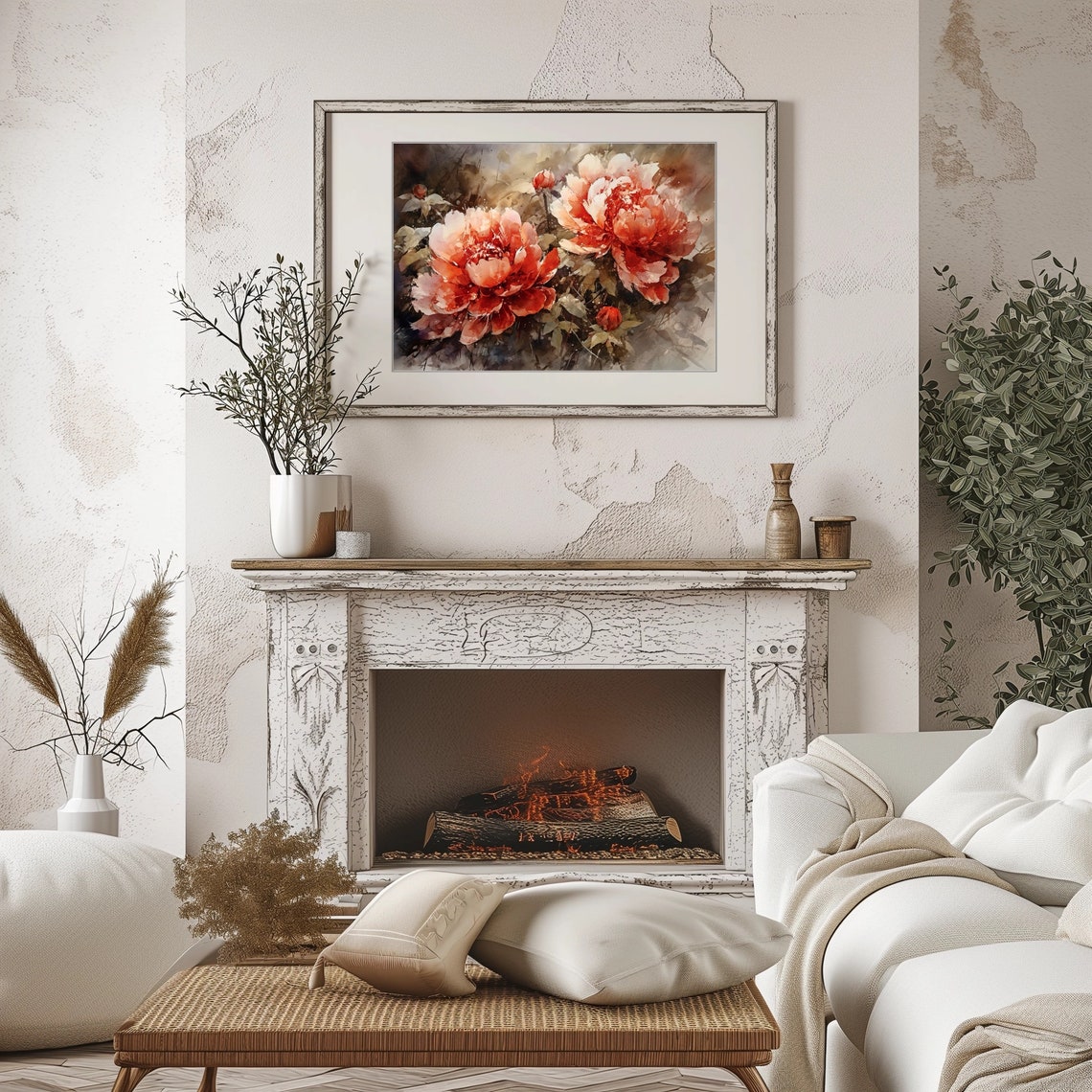 Coral Peonies Lush Blooms Painterly Floral Watercolor Wall Art - Image 2