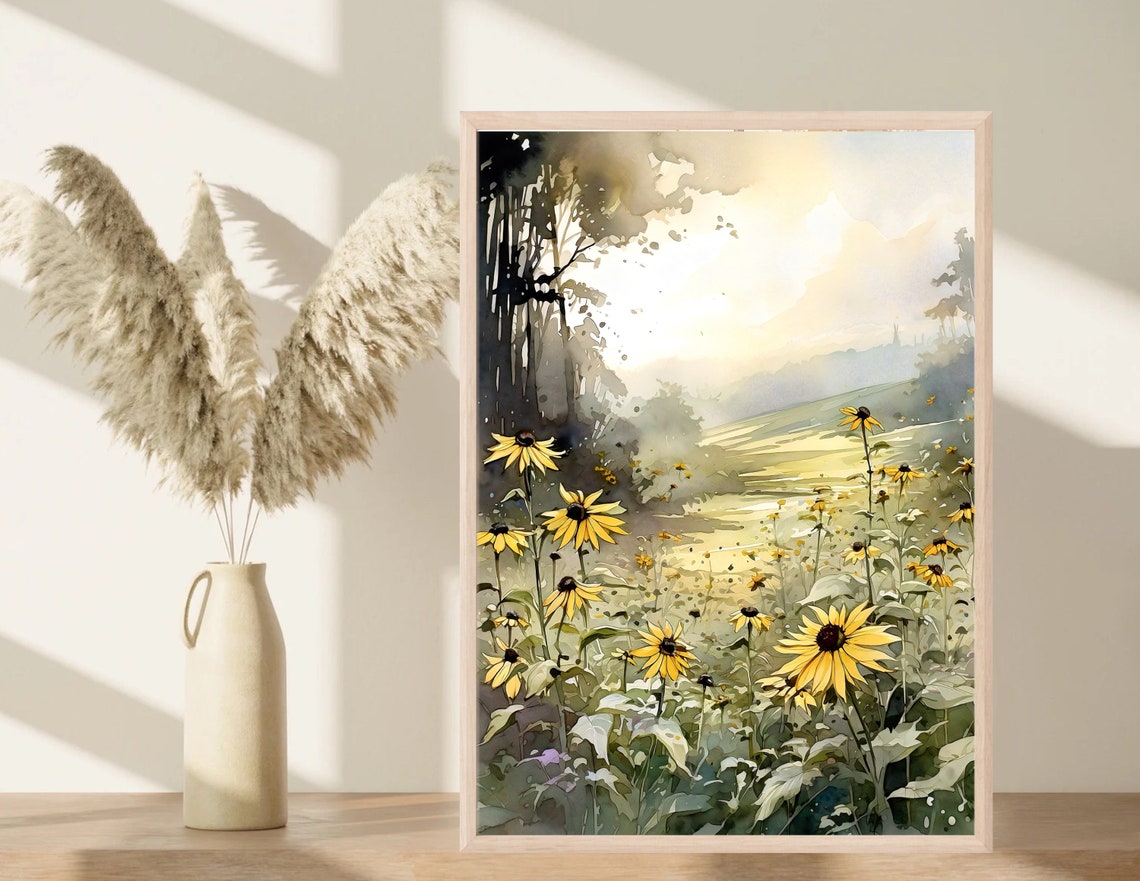 Yellow Wildflower Meadow Morning Mist Watercolor Field Art Poster - Image 4
