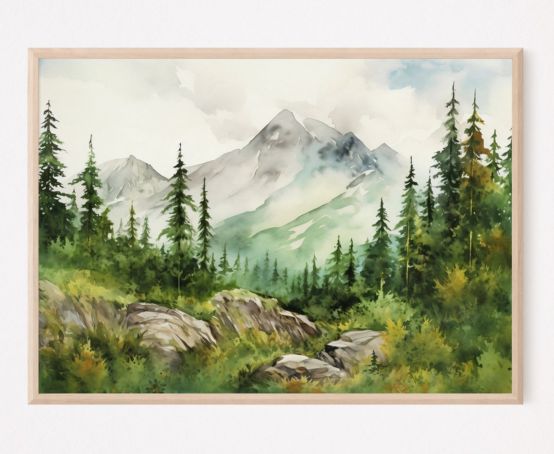 Green Pine Forest Mountain Backdrop Serene Watercolor Art Poster