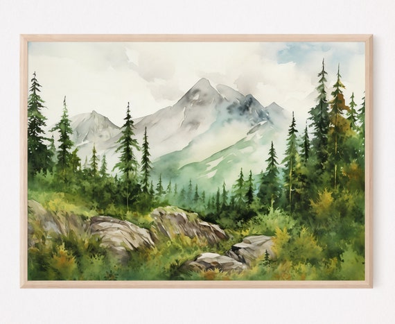 Mountain Landscape Watercolor Neutral Wall Art Panoramic Landscape Minimalist Wall Art Mountains Painting Green Nature Art Print