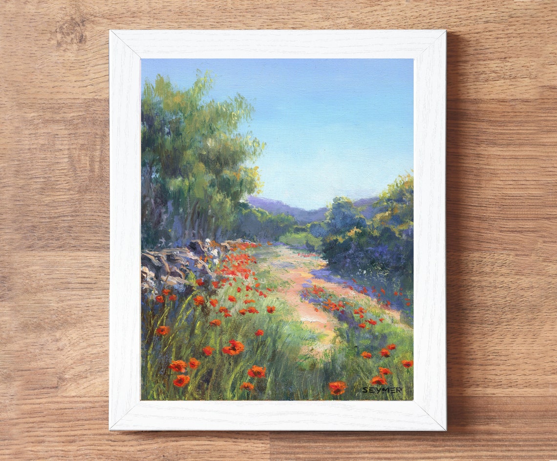 Sunlit Country Path Lined with Red Poppies between the Trees Poster - Image 2