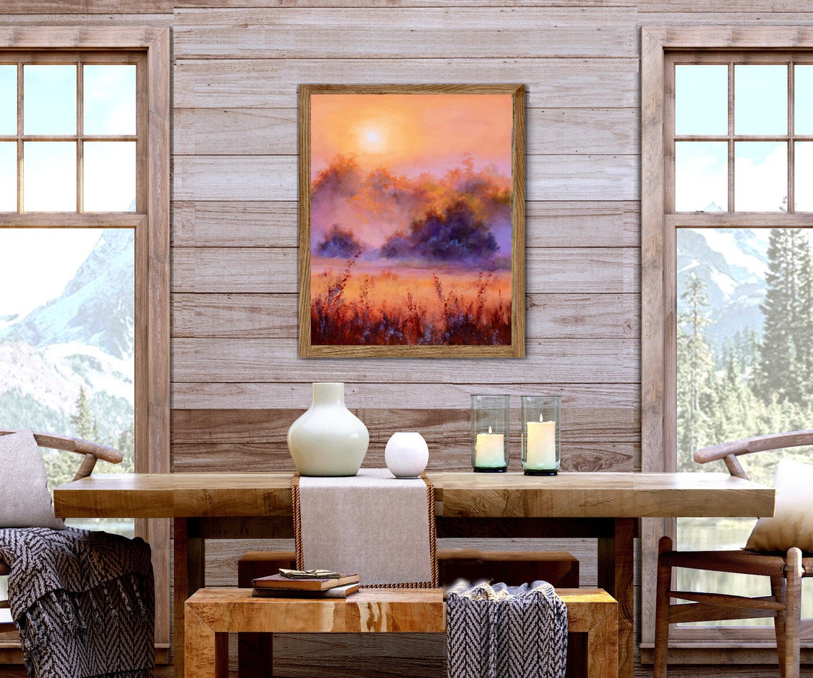 Dawn Grassland Oil Painting Misty Morning Countryside Original Art Sunrise Foggy Meadow Prairie Sunset Landscape Warm Colors Wheat Field - Image 4