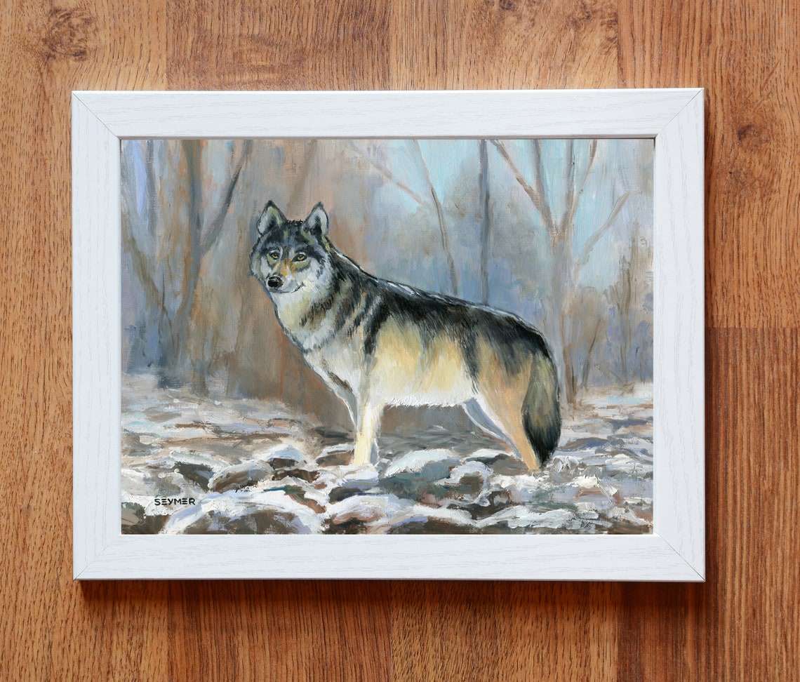 Majestic Grey Wolf Standing Alone in a Snowy Winter Forest Poster