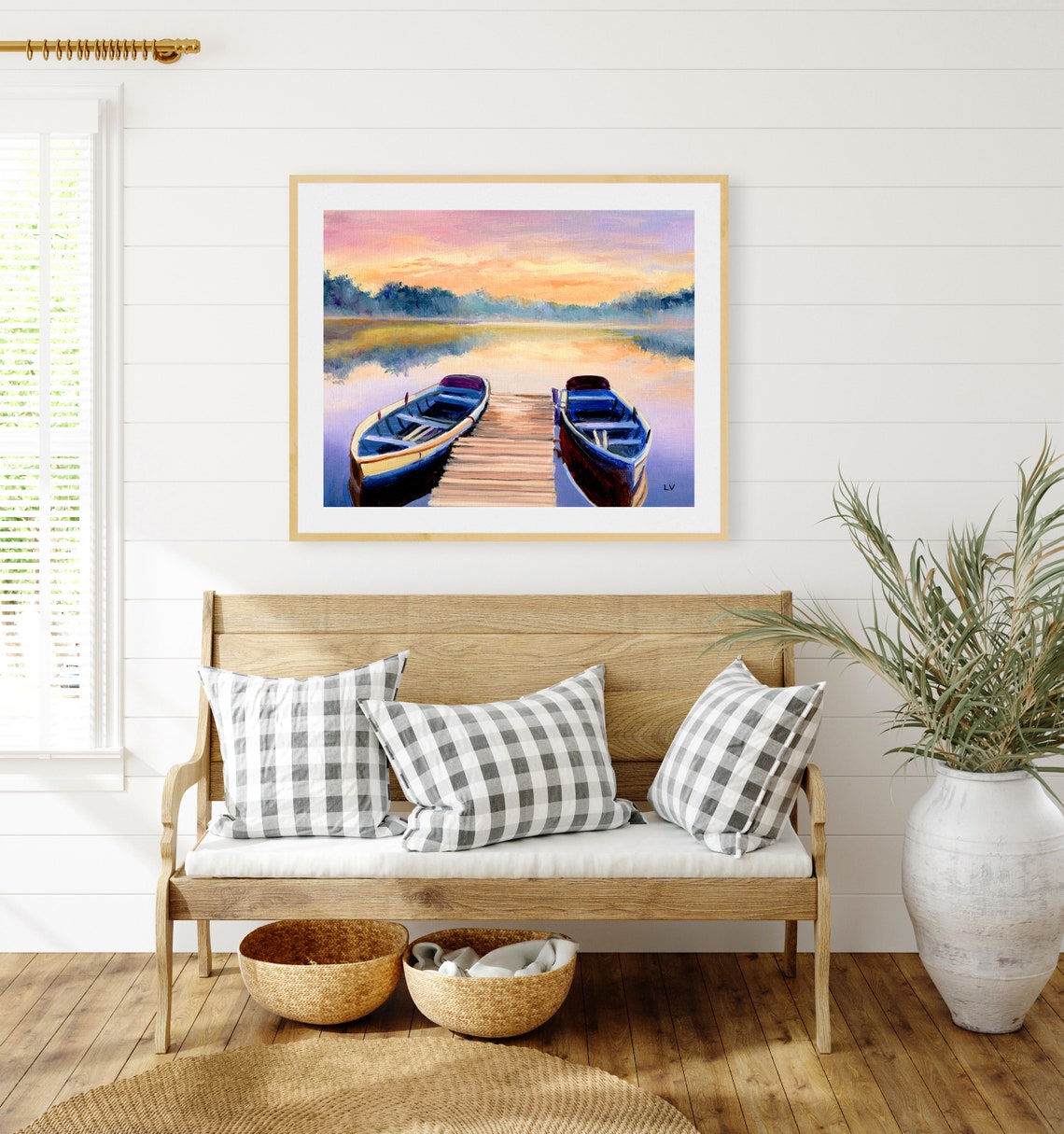 Two Wooden Boats Moored at a Dock on a Calm Lake at Sunset Poster - Image 5