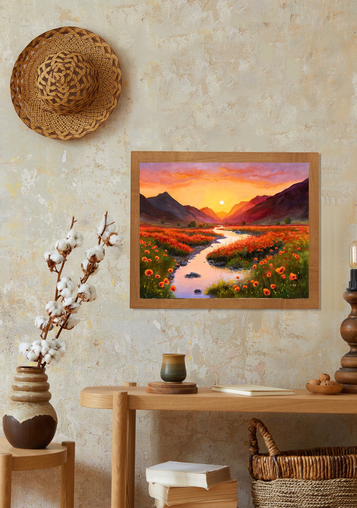 Golden Sunset River Winding Through a Meadow of Red Poppies Poster - Image 2