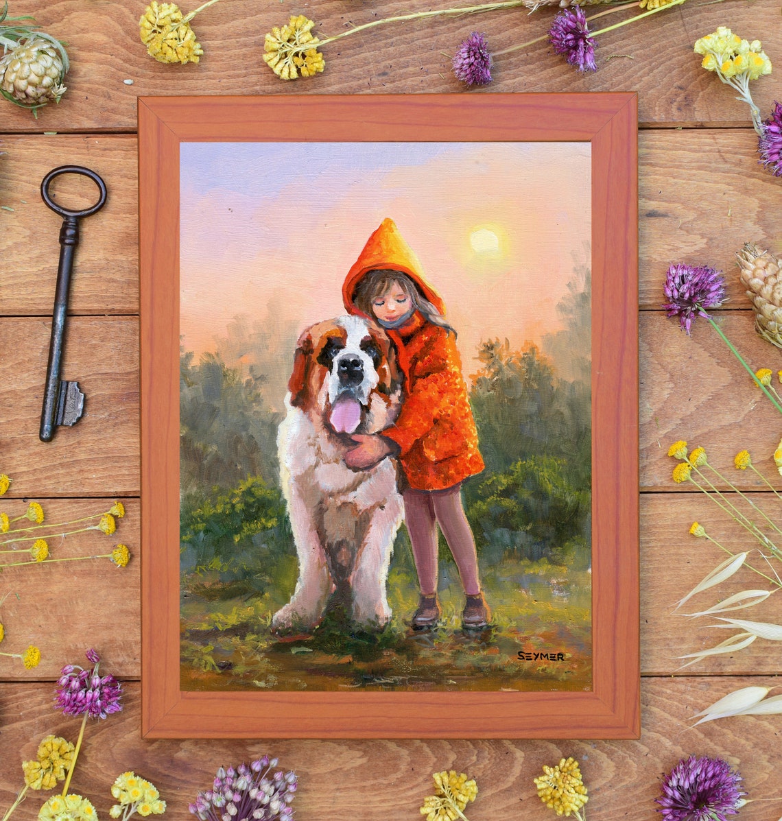 Little Girl in an Orange Hood Hugging a Saint Bernard Dog Poster - Image 5