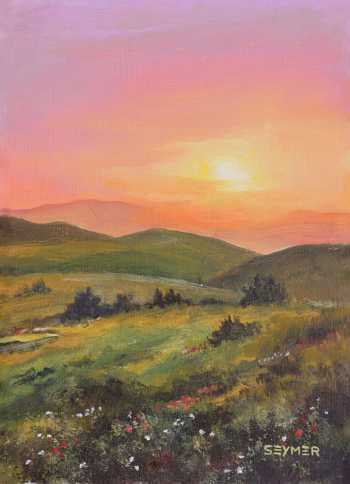 Green Valley Sunset Landscape Oil Painting With Wildflowers Poster