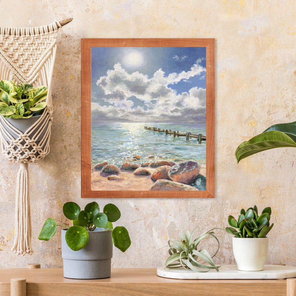 Beach Pier Painting Print Sun Ocean Waves Art Print Sea Shore Oil Painting Nautical Oceanscape Coastal Apartment Decor Beachy Wall Art - Image 3