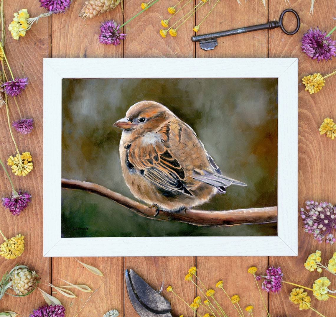 Cute Little Sparrow Perched on a Bare Branch Oil Painting Poster - Image 2