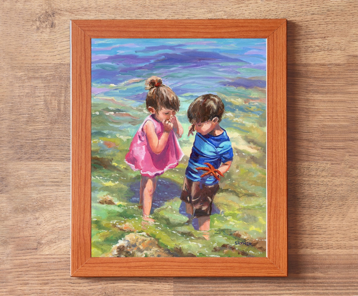 Children Playing at the Beach, Summer Seascape Art Print - Image 3