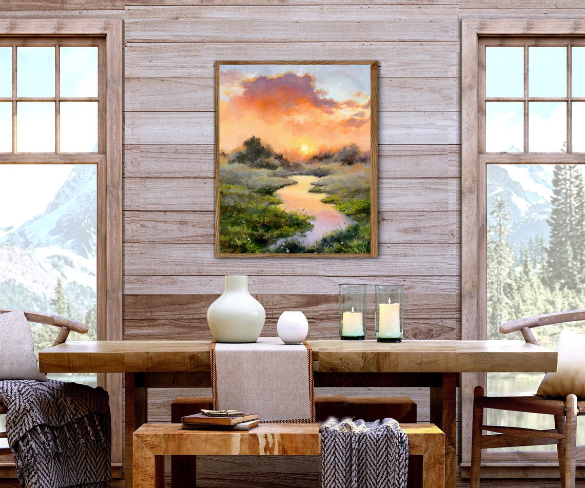 Misty River at Sunset with Golden Light Reflections Landscape Poster - Image 5