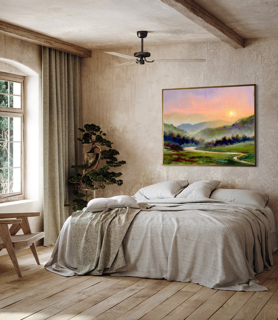 Misty Mountain Valley at Sunrise with a Winding Country Road Poster - Image 2