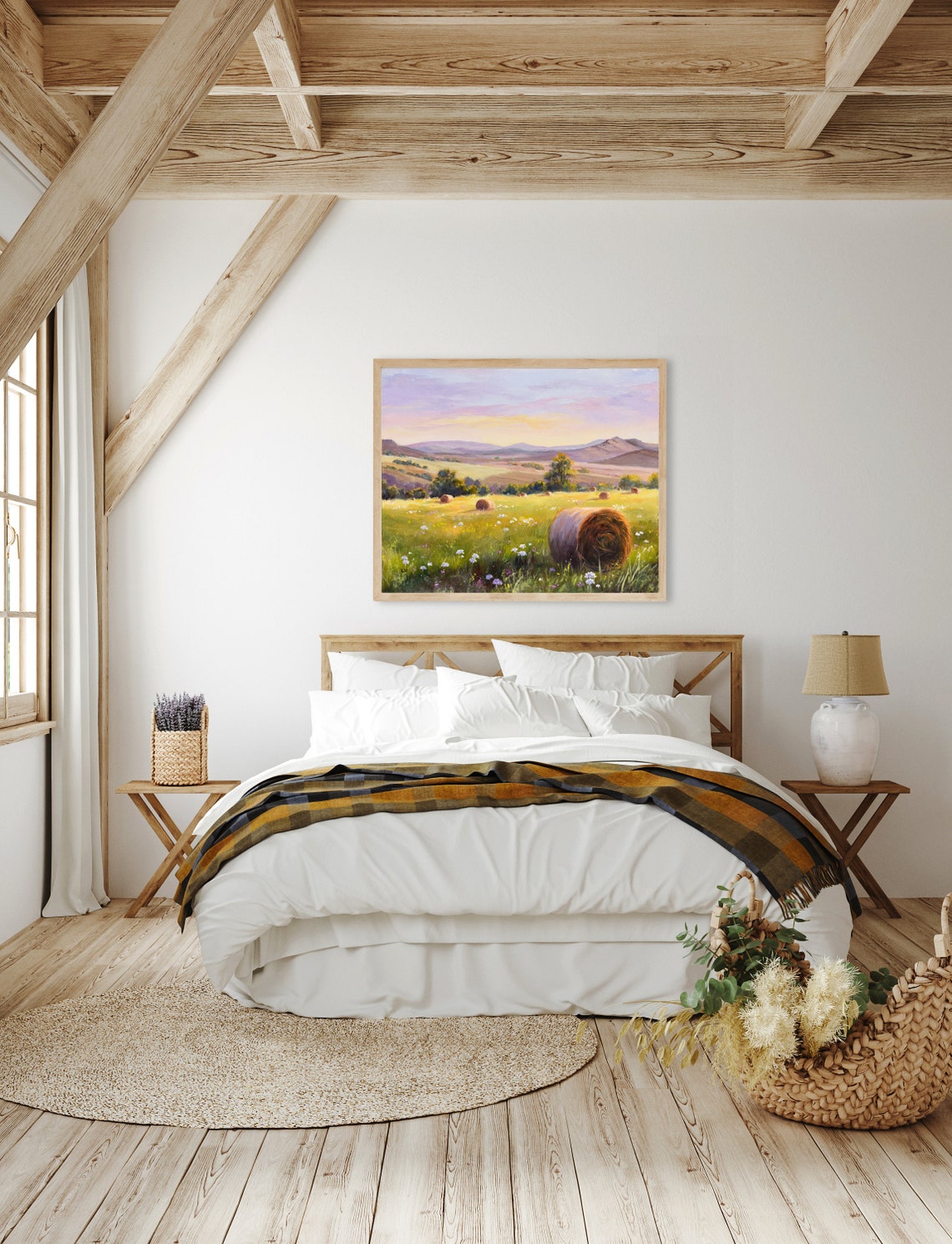 Round Hay Bales in a Golden Sunset Meadow Oil Painting Farm Poster - Image 2
