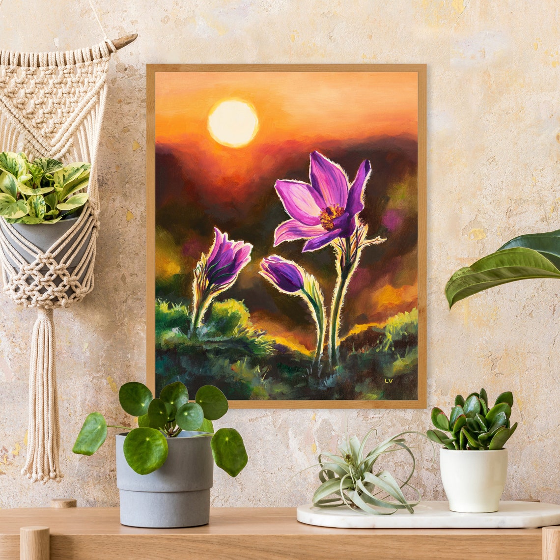 Pink Pasque Flower Backlit Sunset Meadow Floral Oil Painting Poster - Image 5