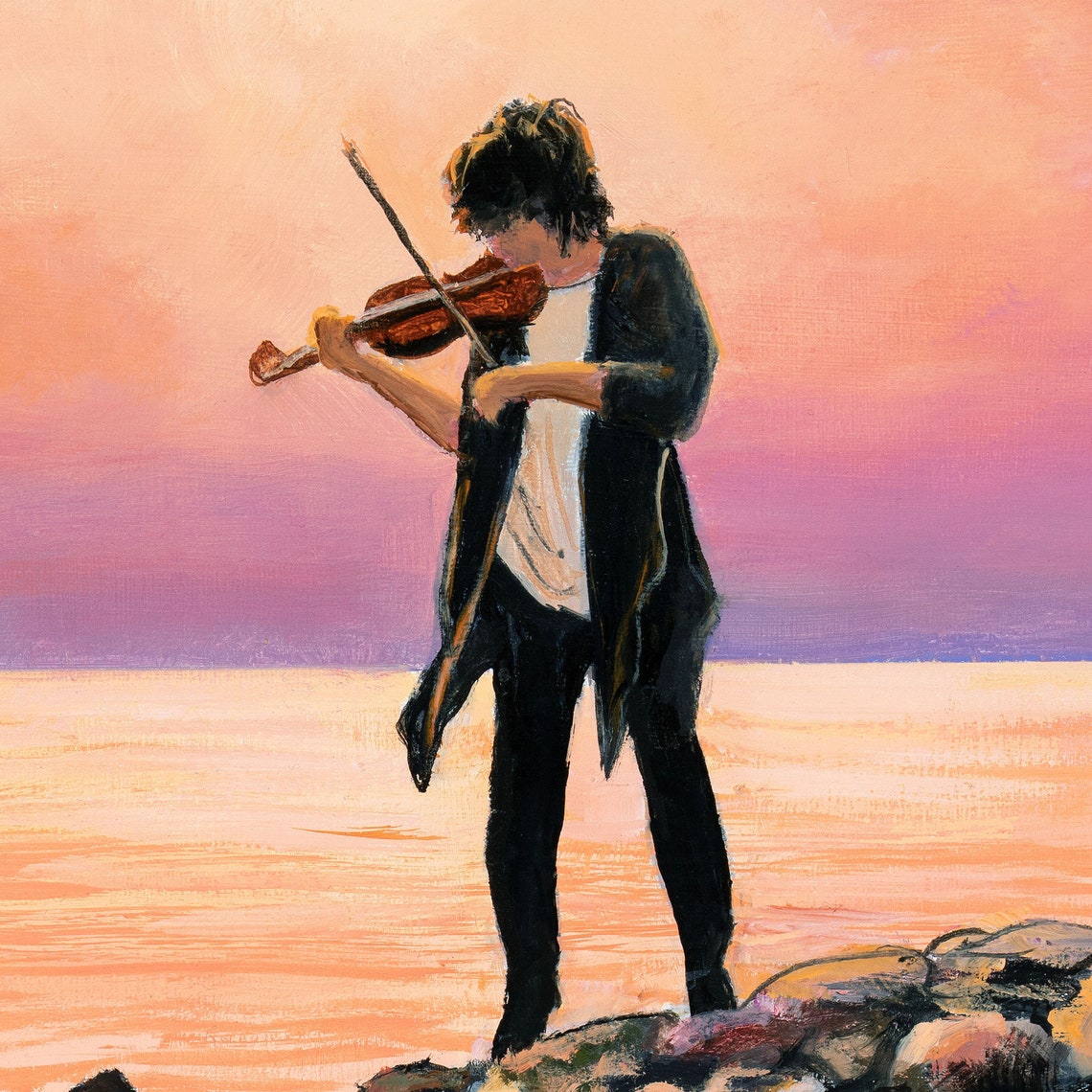 Violinist Playing on a Rocky Shore at Sunset over the Sea Poster - Image 4