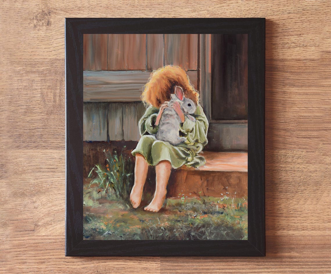 Little Girl Hugging a Bunny While Sitting on a Farmhouse Porch Poster - Image 2