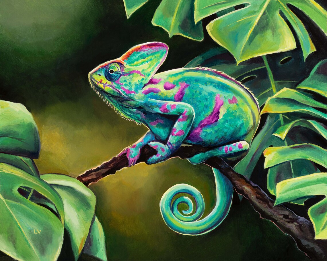 Chameleon Oil Painting, Boho Jungle Reptile Art Print