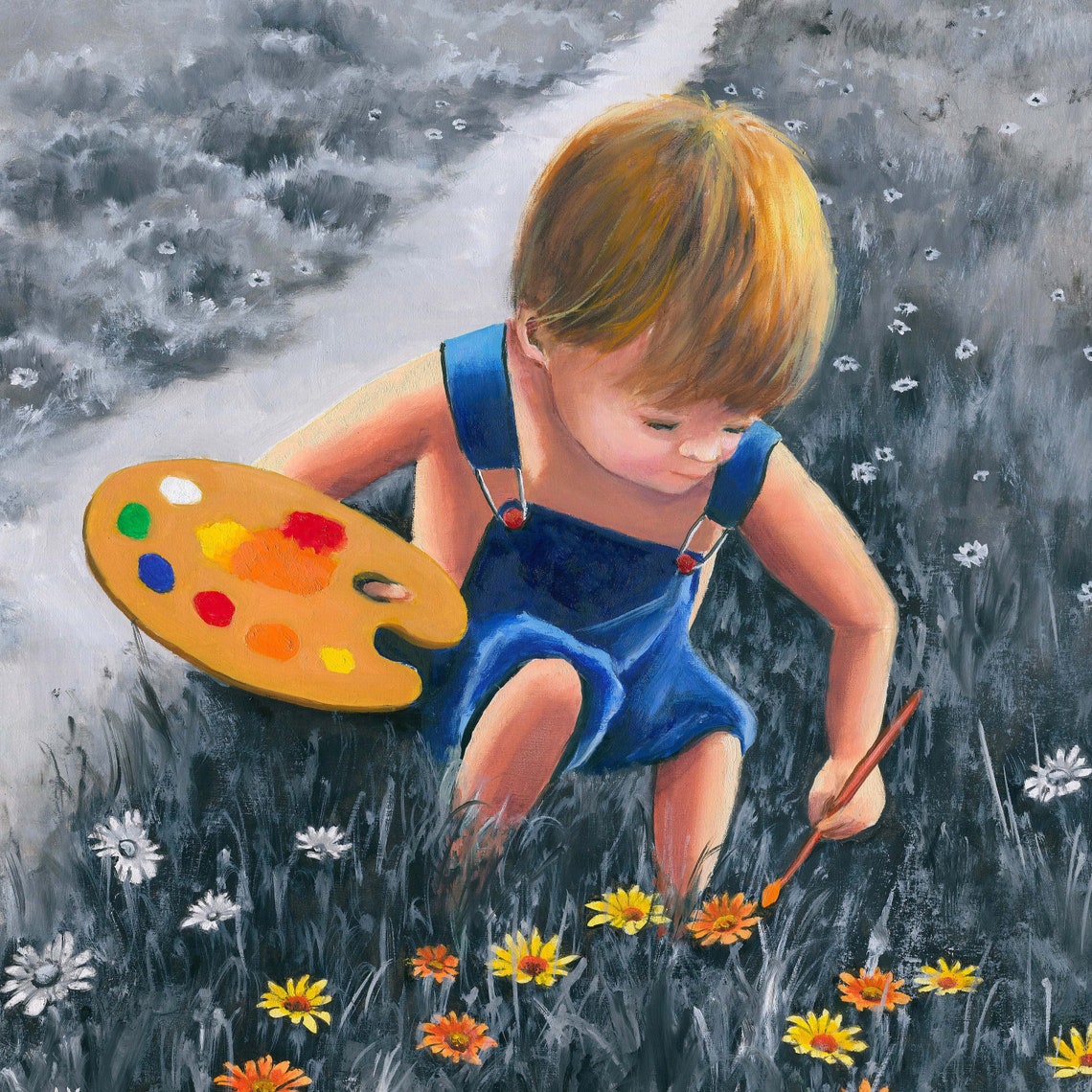 Little Boy Painting Flowers In Field Whimsical Childhood Art Poster - Image 3