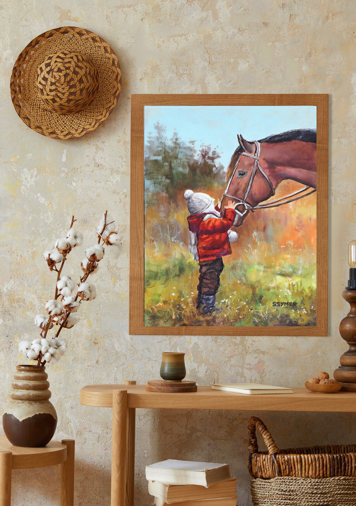 Child And Horse Farmhouse Oil Painting Kid Touching Horse Poster - Image 2