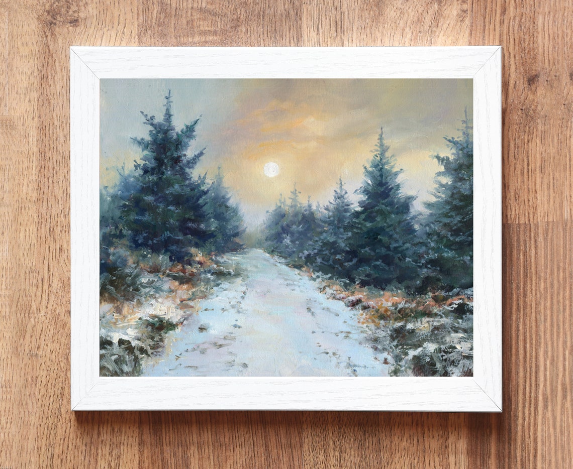 Misty Forest Original Oil Painting Fir Trees Landscape Fine Art Winter Snow Artwork Road Pine Snow Oil Painting Framed Cabin Decor Misty Sky - Image 2