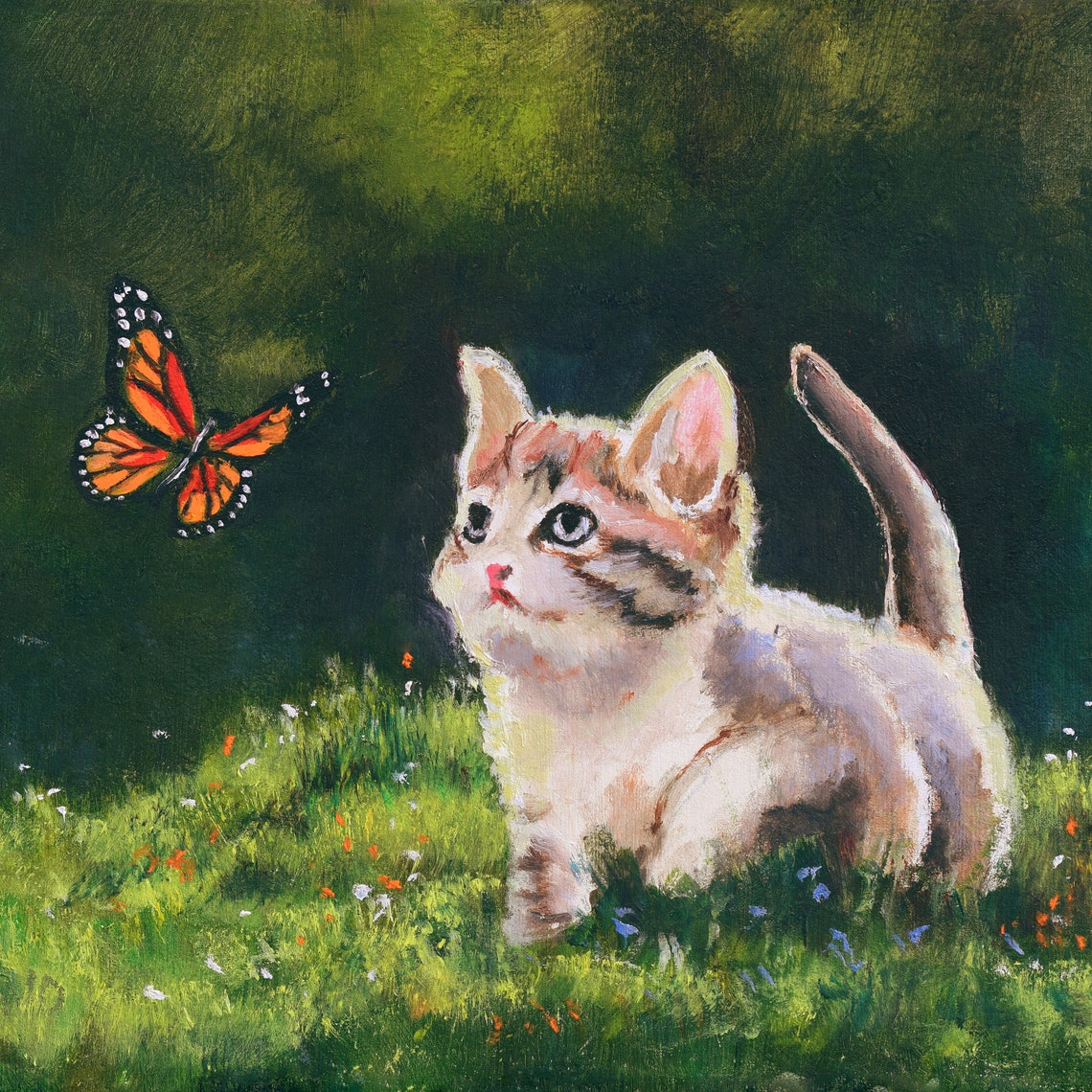 Curious Kitten Watching a Monarch Butterfly in the Garden Poster - Image 2