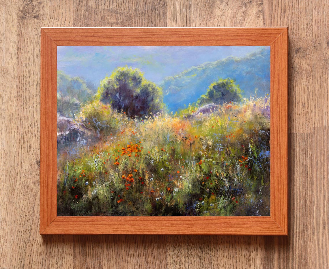 Wildflower Meadow Below Blue Mountains Oil Painting Nature Poster - Image 2