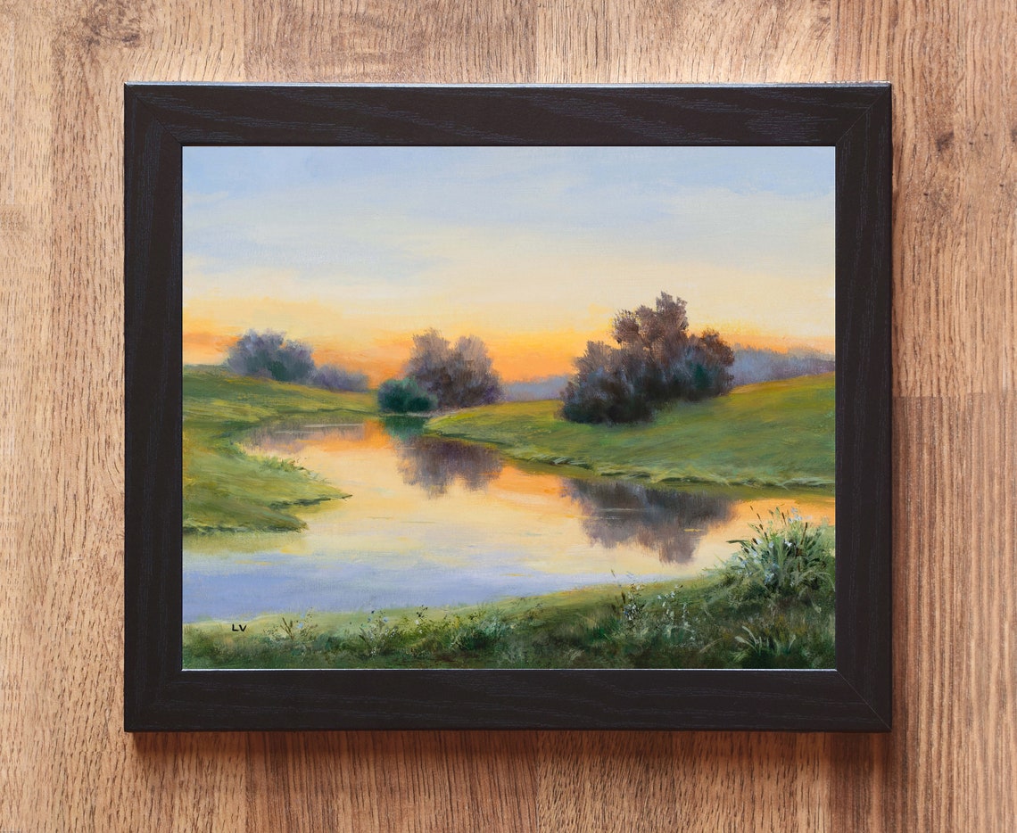 River With Trees Drawing Original Framed Painting Realistic Sunrise River Green Grass Classic Landscape Fine Art Peaceful River Scene